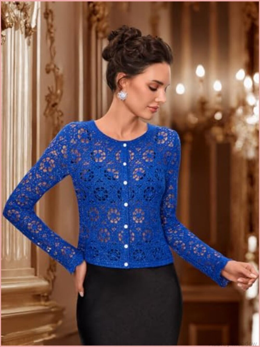 Vintage Crochet Cardigan with Golden Thread, Cropped Openwork Knit Sweater for - Picture 3 of 7